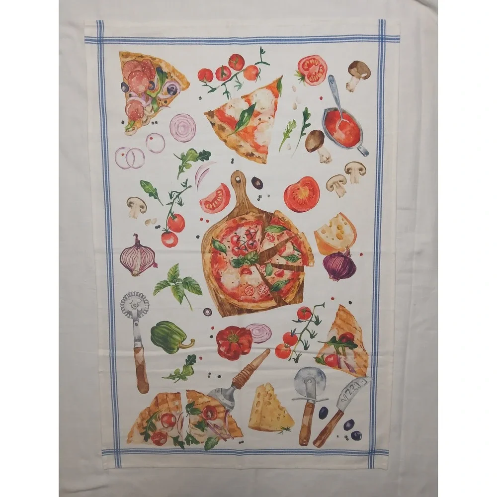 Sur la Table Pizza Watercolor Print Cotton Kitchen Dish Towel White Blue 20x30